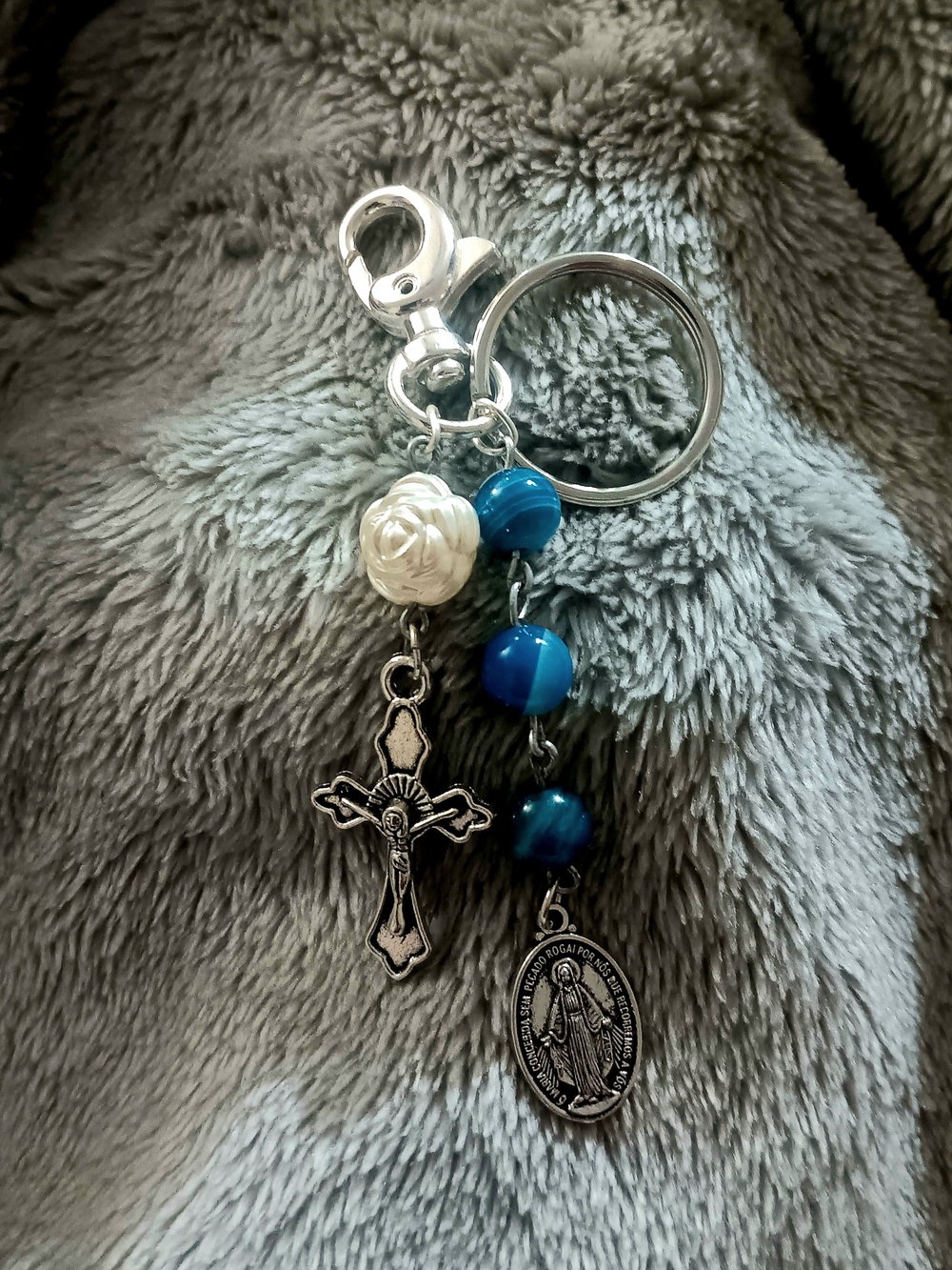 Religious Rosary Keychain with Blue Beads and White Rose Charm